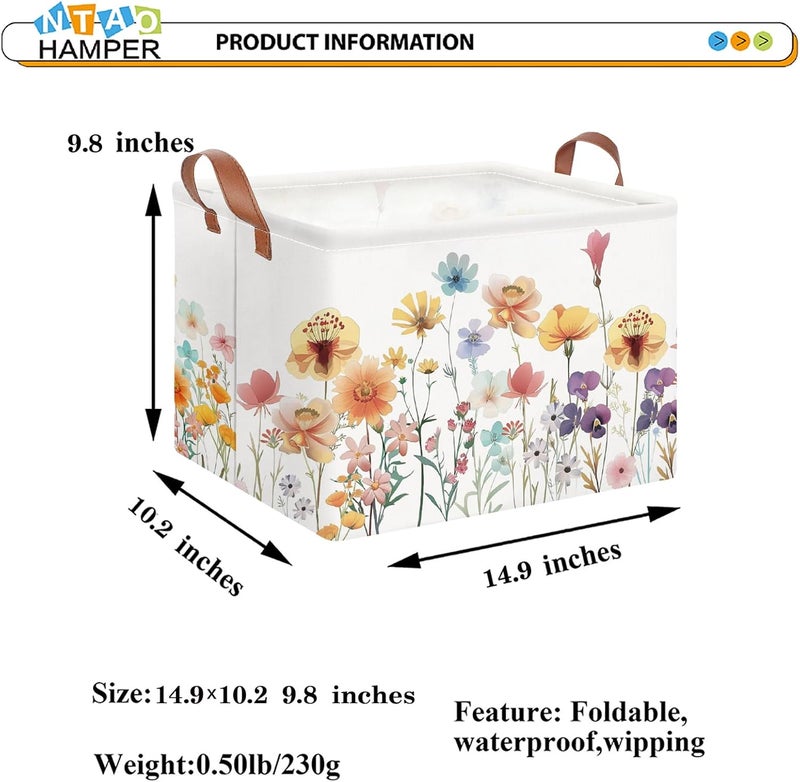 NTAOHAMPER Rectangular Storage Basket Empty,Toys Storage Bin with Handles,Baby Room Decor,Gift Basket,Book Box(Flower) - Image 2